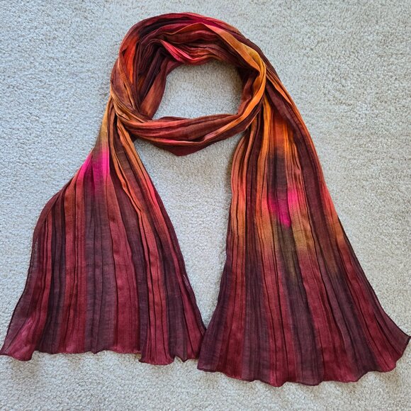 Silk Oblong Crinkle Scarf Vibrant Colors Burgundy Orange Pink - Picture 1 of 6